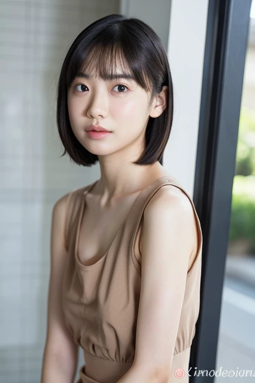 A cute woman who resembles Mana Ashida、Wearing a beige swimsuit、Very neat and slim、Great style 、Ultra HD、Very delicate face, Skin and Hair、short hair、Dark brown hair、8K images、Very cute Japanese expressionless face、thin、Mid-breasted、Eyes and nose are clearly visible、Kind eyes、beautiful、beautiful太もも、beautiful パンティ、beautiful lower body、Lower body close-up、