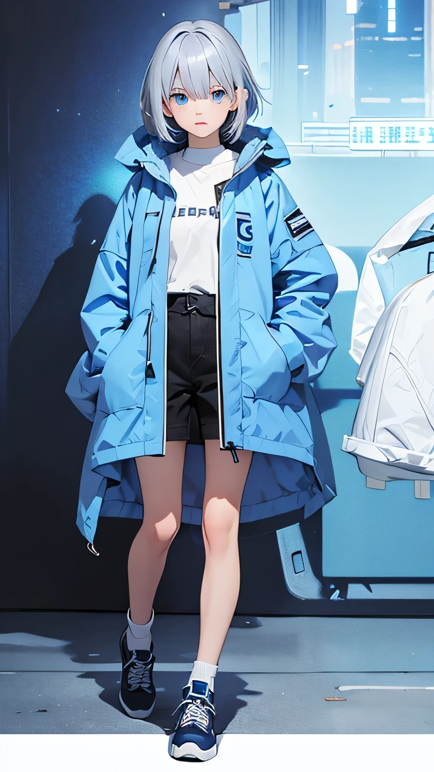 Highest quality、Realistic、girl、zoom、cute、Cobalt blue eyes、Silver Hair、Straight hair、Short Hair、Please comb your hair、Light blue long parka、thin、Full Body