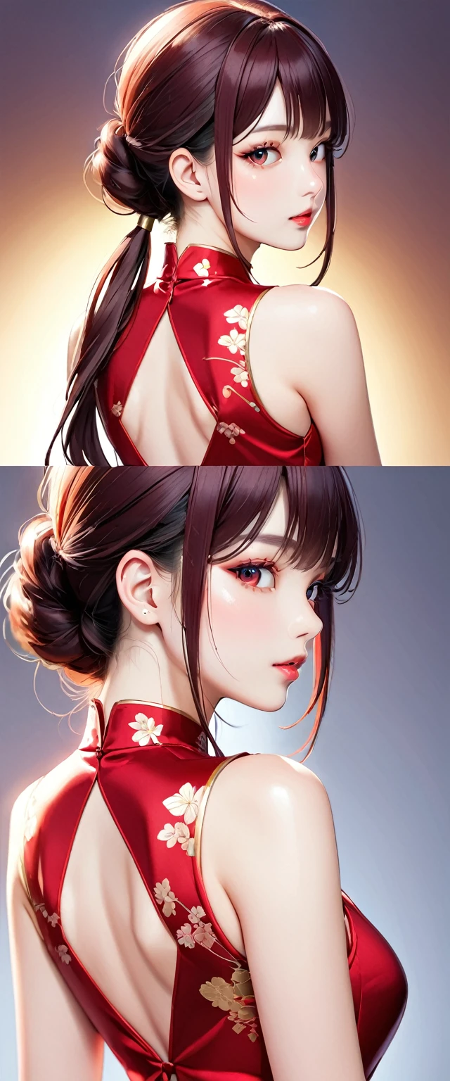(masterpiece,Highest quality,Ultra-high resolution),Japanese women, (((Very beautiful 25 year old girl))), pretty girl、Look at the photographer、 ((Beautiful low ponytail)), Very cute face, Glossy Lips, Double eyelids on both eyes,Natural smile、 Natural Makeup, Long eyelashes, Shiny and smooth hair、Center image, Perfect limbs, Perfect Anatomy,(((Shiny red cheongsam)))、(((Looking Back)),