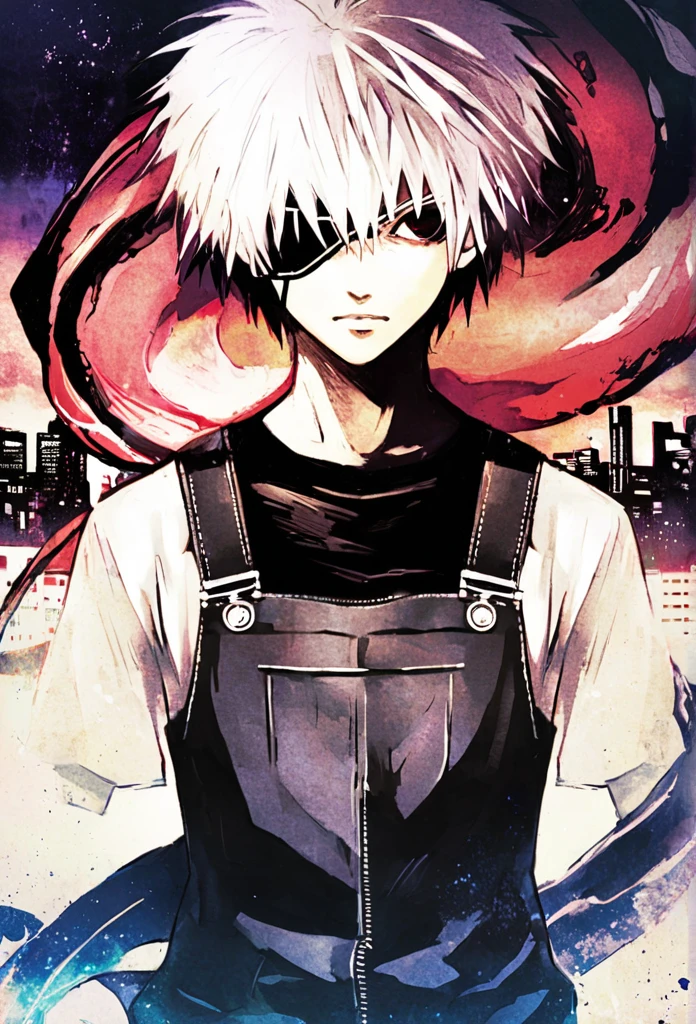 ```
ken kaneki, Tokyo Ghoul, white hair, black outfit, eyepatch, half-ghoul, serious expression, red kakugan eye, kagune tentacles, detailed face, high quality、Overall view、Uplifting、Cold-like sensation、Acrobatic、、disaster Cool atmosphere、Black Air、Overall view、Twilight、Get lost in the crowds、night road、Shining cityscape、night、

```