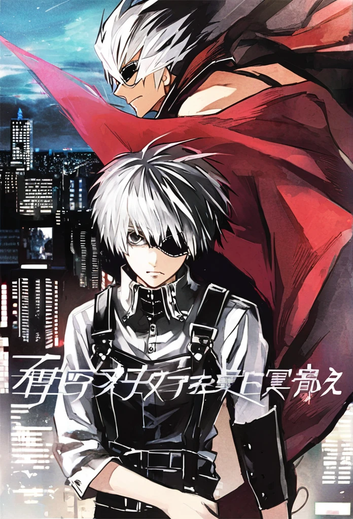```
ken kaneki, Tokyo Ghoul, white hair, black outfit, eyepatch, half-ghoul, serious expression, red kakugan eye, kagune tentacles, detailed face, high quality、Overall view、Uplifting、Cold-like sensation、Acrobatic、、disaster Cool atmosphere、Black Air、Overall view、Twilight、Get lost in the crowds、night road、Shining cityscape、night、
```