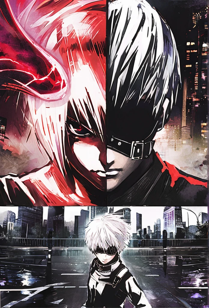 ```
ken kaneki, Tokyo Ghoul, white hair, black outfit, eyepatch, half-ghoul, serious expression, red kakugan eye, kagune tentacles, detailed face, high quality、Acrobatic、Wind-like sensation、
```