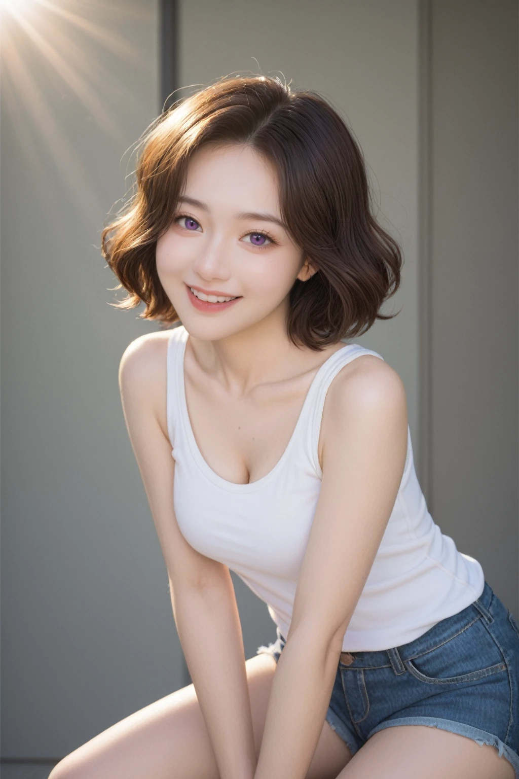 realistic,score_9, score_8_up, score_7_up, BREAK,
Her features are ultra-detailed and highly realistic, showcasing her beauty with precision. The girl, alone in the scene, poses dynamically, facing the camera with a light smile. Her short wavy hair, styled in a bob cut, adds to her youthful charm.
Her purple eyes are a striking feature, detailed and expressive, reflecting her personality. She has medium breasts, which are subtly hinted at by her white vest, made of thin material that reveals a hint of cleavage. She wears dark denim shorts, and the image is infused with a subtle glow, suggesting sweat and the warmth of the sun.
Rays of sunshine and sunlight illuminate the scene, casting a natural glow on her skin. The overall effect is one of nakeness and bared chest, yet it's done with taste and elegance, highlighting her beauty without being overtly explicit. This image is a testament to the power of high-resolution photography to capture the essence of beauty and simplicity.