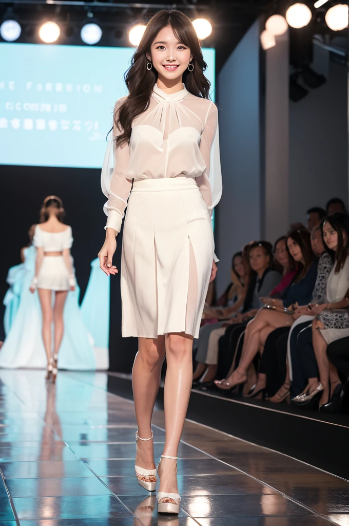 A light-colored, finely pleated skirt sways gracefully.、Sheer blouse、Walking towards me on the runway at a fashion show、The eyes are round and large.、A woman with a cute smile that shows her white teeth, a large bust, a small waist, and a slender figure.、White skin、Japanese woman with long wavy hair、A cute round-faced 20-year-old girl、Slim figure、Wearing high heels、A bright, photographic-quality image showing your entire body, from your high heels to your head、Walking towards me on the runway at a fashion show