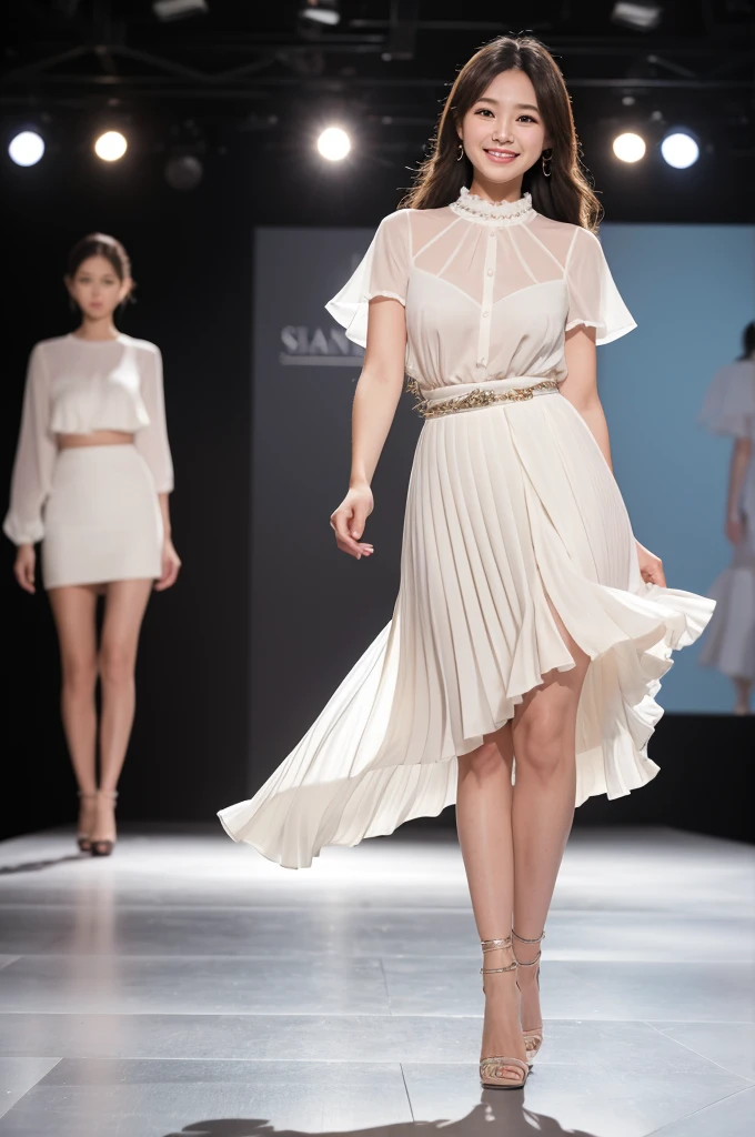 A light-colored, finely pleated skirt sways gracefully.、Sheer blouse、Walking towards me on the runway at a fashion show、The eyes are round and large.、A woman with a cute smile that shows her white teeth, a large bust, a small waist, and a slender figure.、White skin、Japanese woman with long wavy hair、A cute round-faced 20-year-old girl、Slim figure、Wearing high heels、A bright, photographic-quality image showing your entire body, from your high heels to your head、Walking towards me on the runway at a fashion show
