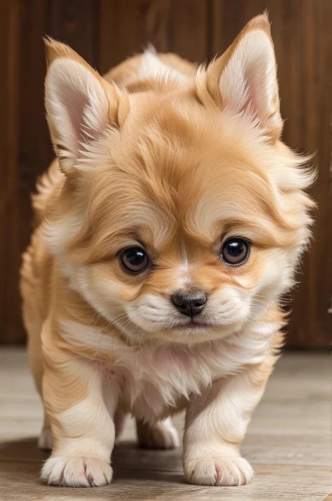 Imagine a small, fluffy puppy with big, round eyes that seem to sparkle with curiosity and joy. Its tiny paws are perfect for pouncing and playing, while its soft, floppy ears bounce as it moves. The puppy's fur is a mix of light brown and white, with patches that give it a unique and adorable look. As it looks up at you, it tilts its head slightly, making your heart melt with its cuteness.
