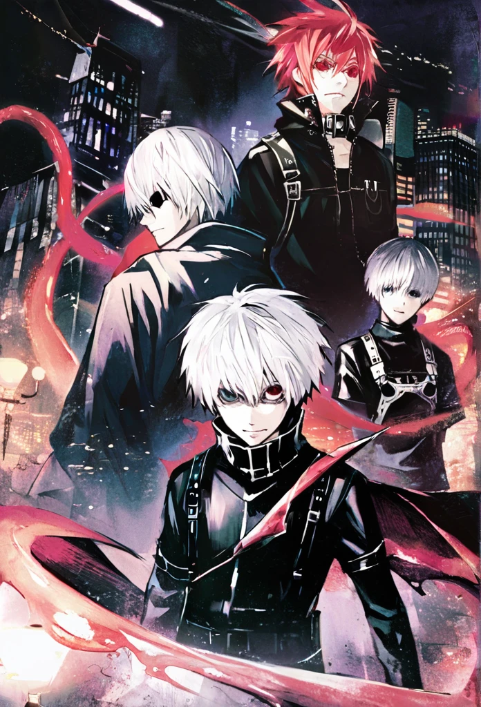 ```
ken kaneki, Tokyo Ghoul, white hair, black outfit, eyepatch, half-ghoul, serious expression, red kakugan eye, kagune tentacles, detailed face, high quality、Overall view、Uplifting、Cold-like sensation、Acrobatic
```