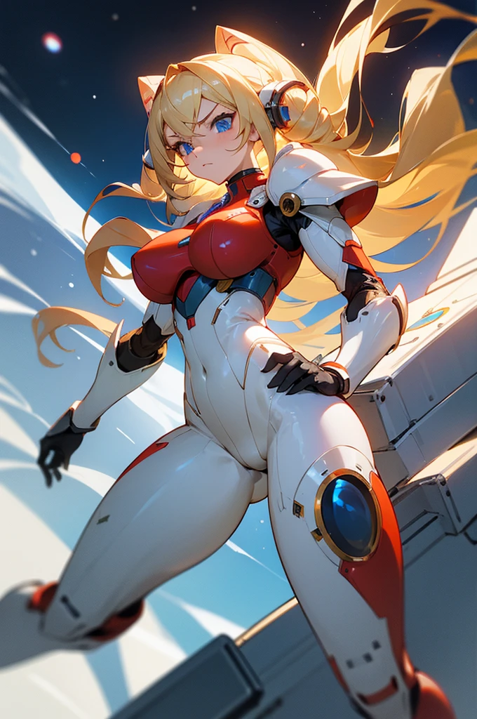 Perfect human body modeling, 1girl, pretty face, angry, drill hair, twin drills, shiny blonde Long hair, Beautiful blue eyes, huge breasts, Short body, white skin, ears in robot style, red powered armor, full armor, powered leg, Space suits, planetary exploration