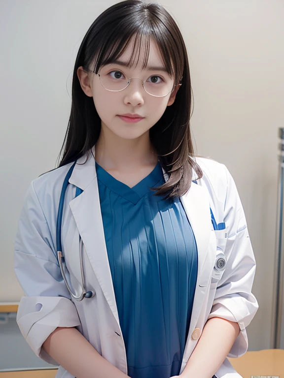 (RAW Photos, Highest quality), (Glasses), masterpiece, Natural light, 1 Girl, Smooth Hair、Wear a lab coat over your scrubs, Hospital examination room, Stethoscope, head shot