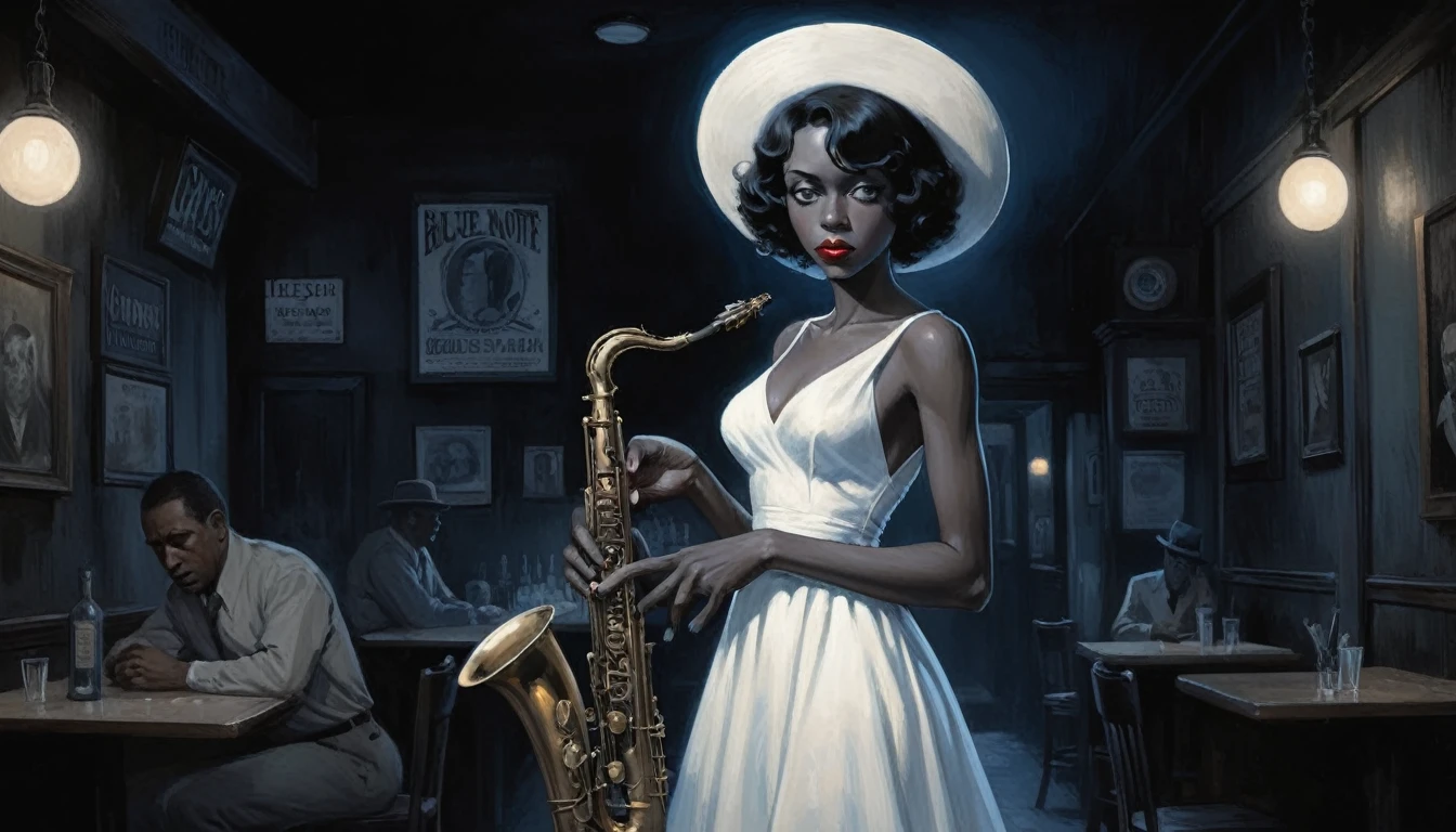 robert johnson, gritty, alabama bar, blue note, charismatic , white dress, illustration, noir fantasy, lone spanish lady, sad ending, saxophonist