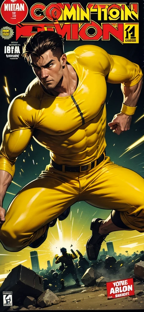 A comic book style image of a man in yellow clothes fighting an enemy