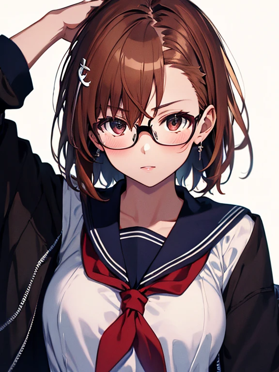 wearing glasses, Sailor suit, (masterpiece), highest quality, Misaka Mikoto, 1girl, uhd, retina, masterpiece, ccurate, anatomically correct, textured skin, super detail, high details, high quality, best quality, highres, 4K