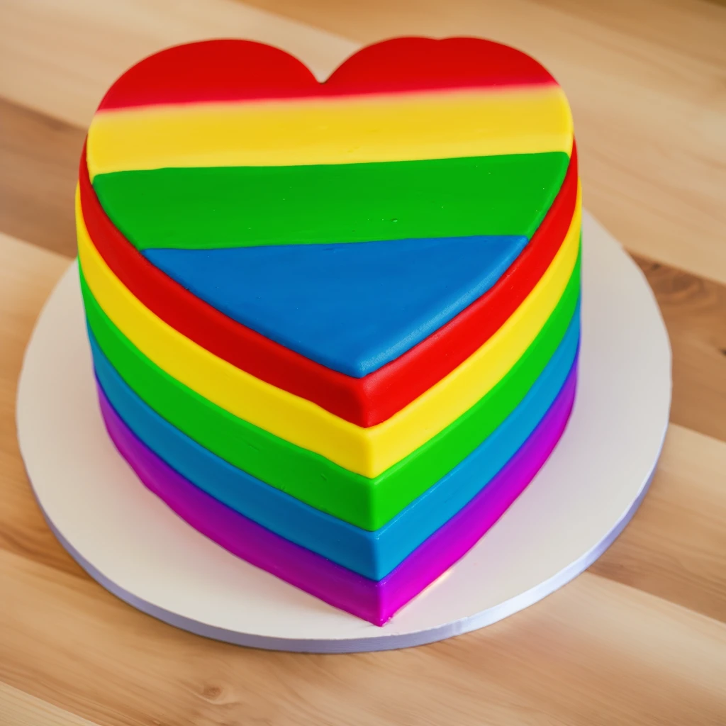 on a wooden table, worth a heart shaped cake, rainbow gradient cream cake, Cream cake , cream texture, Realistic style, realistic texture, bright lighting, high quality, detailed texture, Beautiful light from the window, beautiful lighting, high detail, macro photography, ultra 4k hd