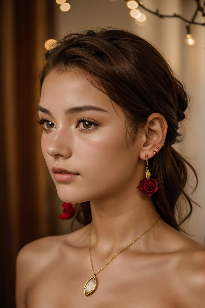 8k, RAW photo, Fujifilm, style photo of a beautiful 16 year old woman, square face, a red rose on the neck, wearing  with red, golden earrings, strong features like a spinning dove, (highly detailed skin: 1.2), without clothes medium brown hair with lights, film grain, 35mm, cute style