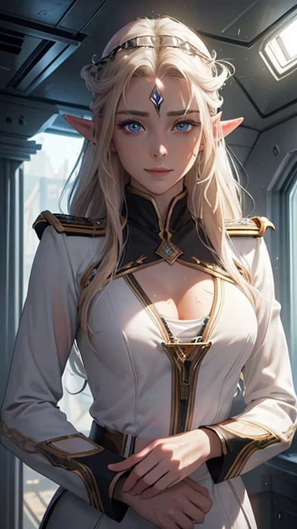 masterpiece, Highest quality, Highly detailed CG Unity 8k wallpaper,((whole body)), ((Bedroom inside the spaceship)), (Long pointed ears), Elegant long wavy platinum blonde hair, ((Average chest, Self-illuminating skin)), ((A revealing black-on-white military uniform)), (Sweaty and wet white skin), (Mechanical Circlet), (blush), , (Captivating smile), A cute, symmetrical face, Detailed eyes, Key Art, Awards, intricate detail realism hdr, Photorealism, Hyperrealism, Ultra-realistic, Dramatic Light, Strong Shadows, Nice views, Depth of written boundary