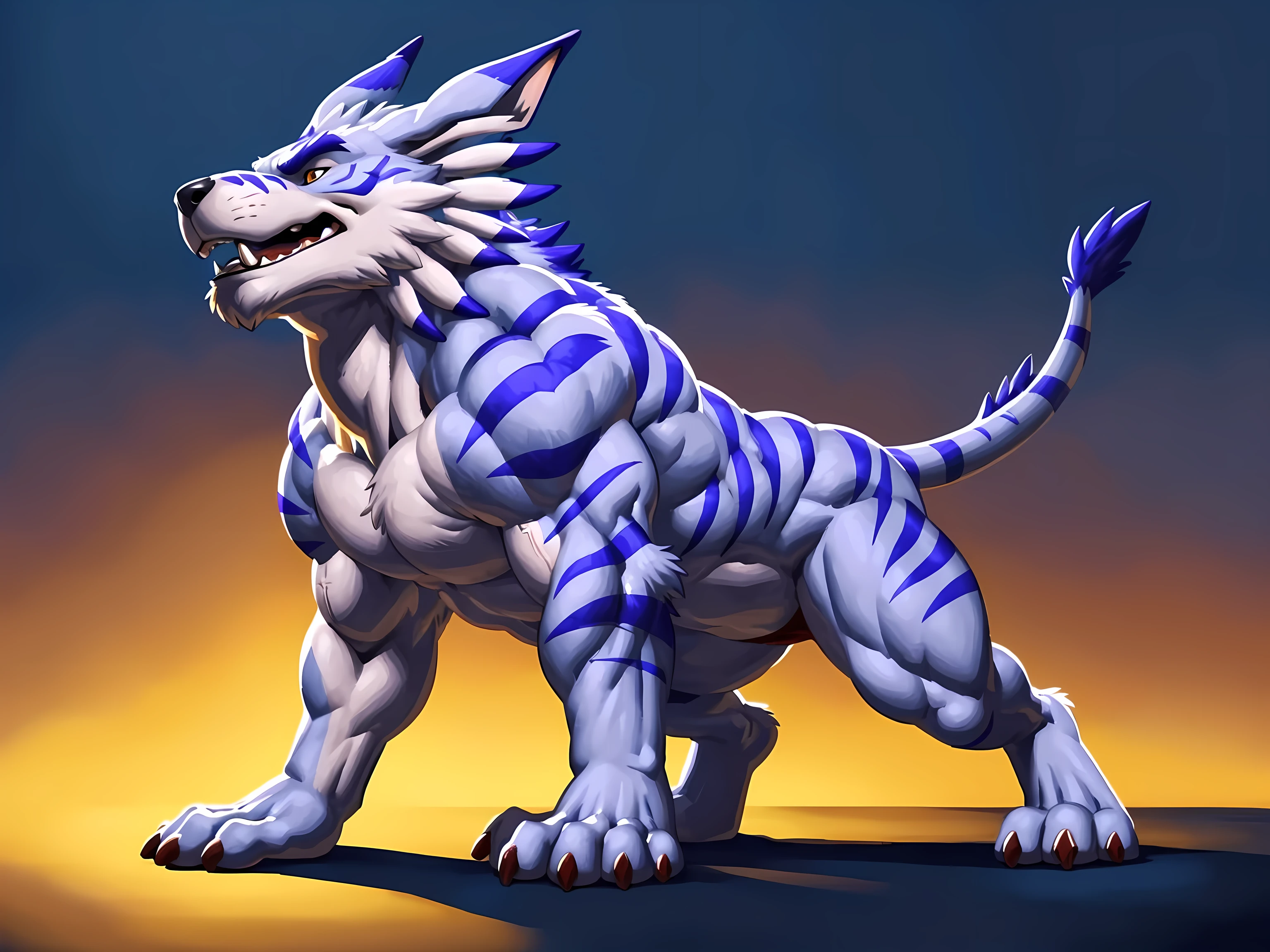 Garurumon, 4k, high resolution, best quality, detailed, posted on e621, solo, male, masculine, feral:1.2, very muscular:1.2, pectorals, (plain background, explosive background, glow:1.1), correct anatomy, (orange eyes, detailed eyes:1.1), sexy, (cel shaded, cartoony shading, strong shadows, dramatic lighting):1.3, confident, (by wfa, by takemoto arashi, by meesh, by Taran Fiddler), strong, full body:1.2, open mouth, flexing muscles, posing,