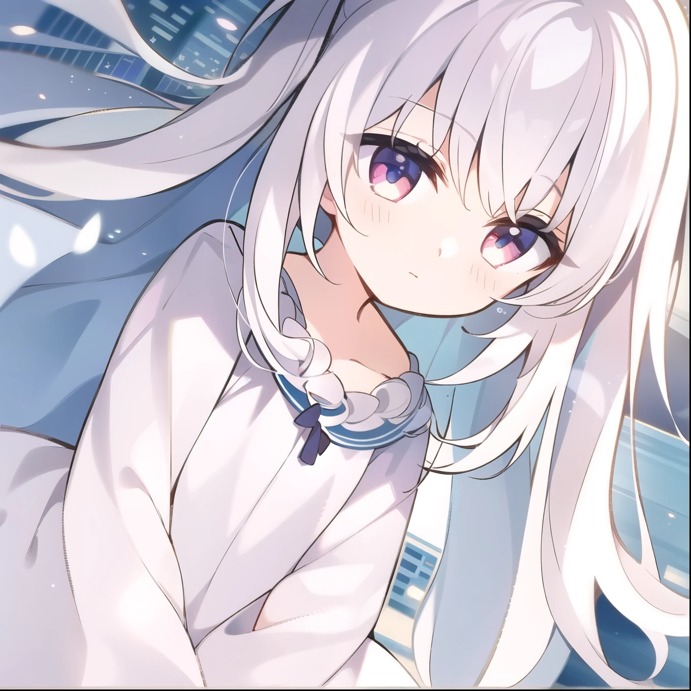 ((masterpiece, best quality))++, Detailed lighting+,  Detailed hair+, Detail hand+ ,1 girl, Miss, Long hair,   Crimson eyes,  beautiful eyes, young white hair,,(Beautiful white hair:1.5),(Beautiful and delicate eyes),  high resolution+,glass tint, Reflective eyes,   {{angle}} , Very detailed wallpaper, The original, ,Sea of Flowers，Air bangs，city road，Double ponytails，Extremely beautiful CG，