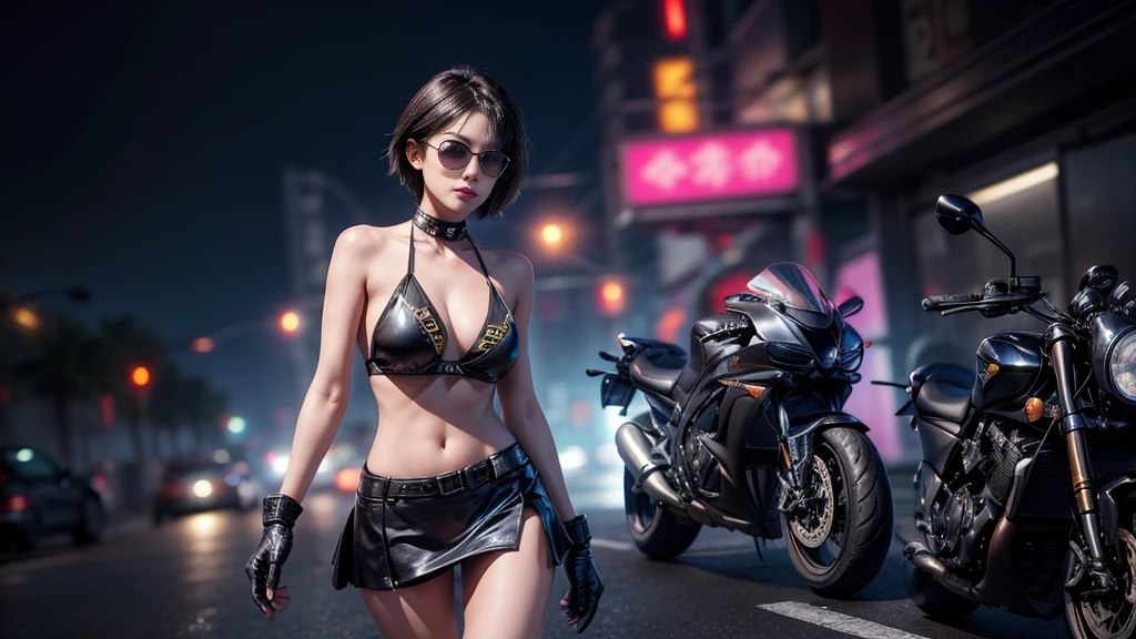 at night, 1girl, solo, large-breast:1.2 sexy slim woman, perfect face, bikini top, mini skirt, black sunglasses, wind-blowing short hair, glove, speeding a classic motorcycle in action, supercar chasing behind, half-body medium shot, hologram cyberpunk street as background.