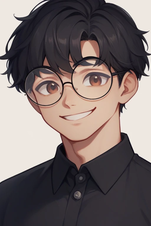 score_9, score_8, One boy, round face,Wearing glasses,, Black Hair, Brown eyes, Black polo shirt, View your viewers, smile, Upper Body, Little