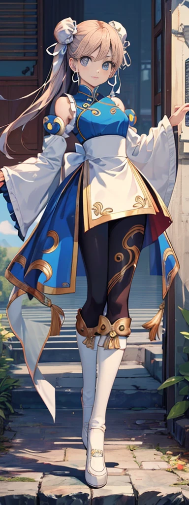 chun-li,((masterpiece)), ((best quality)), ((ultra detailed)), ((kawaii)), cute, (lovely), ((extremely detailed)), ((8K)), (beautiful),flat breast, tiny breast,full body