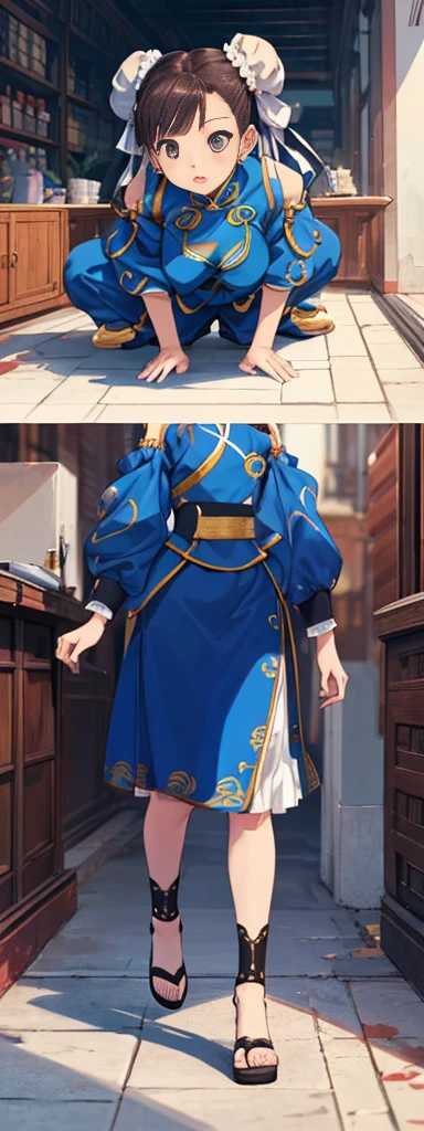 chun-li,((masterpiece)), ((best quality)), ((ultra detailed)), ((kawaii)), cute, (lovely), ((extremely detailed)), ((8K)), (beautiful),flat breast, tiny breast,full body