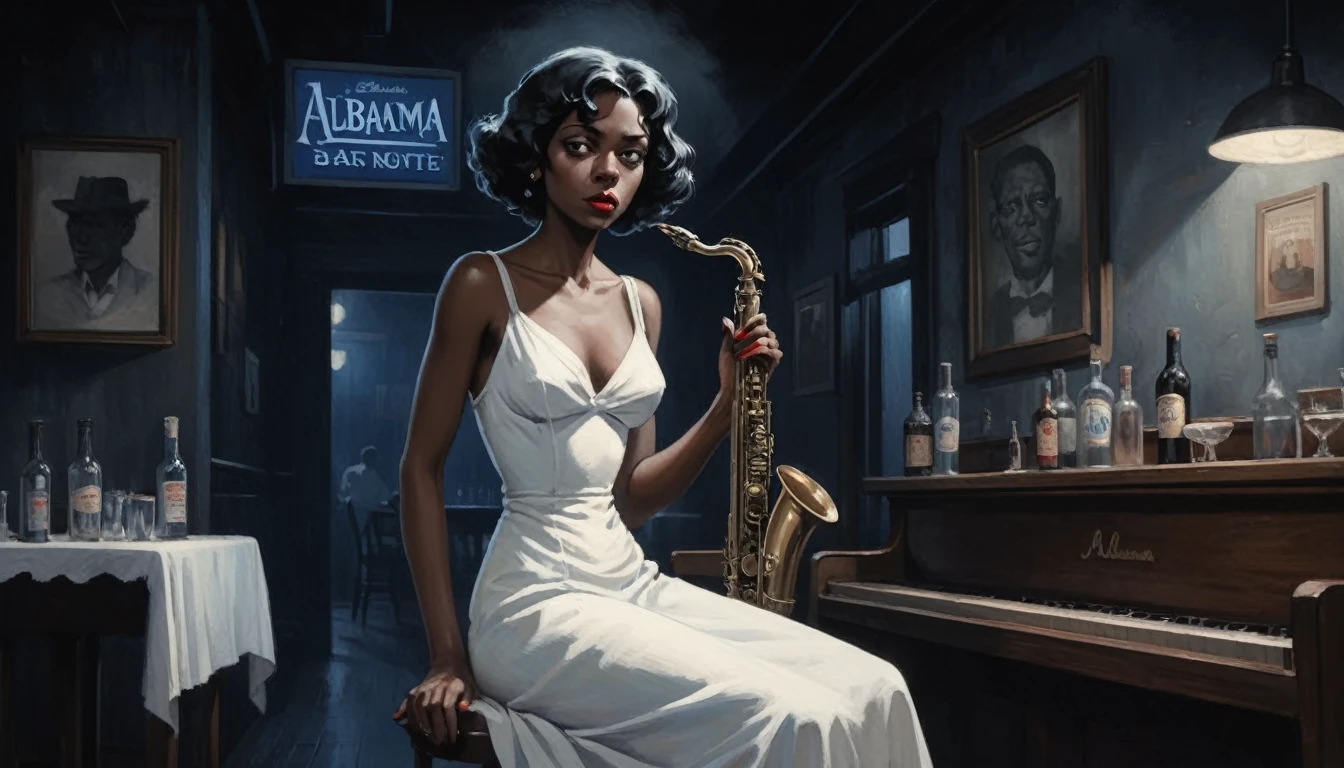 robert johnson, gritty, alabama bar, blue note, charismatic , white dress, illustration, noir fantasy, lone spanish lady, sad ending, saxophonist