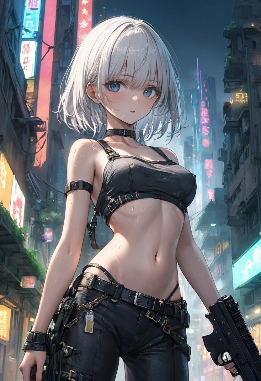 ((Topless)), nsfw, ((Masterpiece)), ((Best Quality)),Ultra High Resolution, Caustics, Detailed, Beautiful Detailed Eyes, solo, (cyberpunk, post apocalyptic, ruins, night, neon lights, city), cowboy shot,18 year old beauty、(separate, ,shiny black pants, waist belt, waist pouch, holding a gun, navel, slender body, ideal ratio body proportions,oily skin, gleaming skin,sweat,medium breasts,icy blue eyes, (short hair)、medium hair, white hair,painful expression、standing, nipples, breasts, facemask, bare shoulders, bare breasts, straight bangs, side bangs, 1 ear out, arm strap, choker