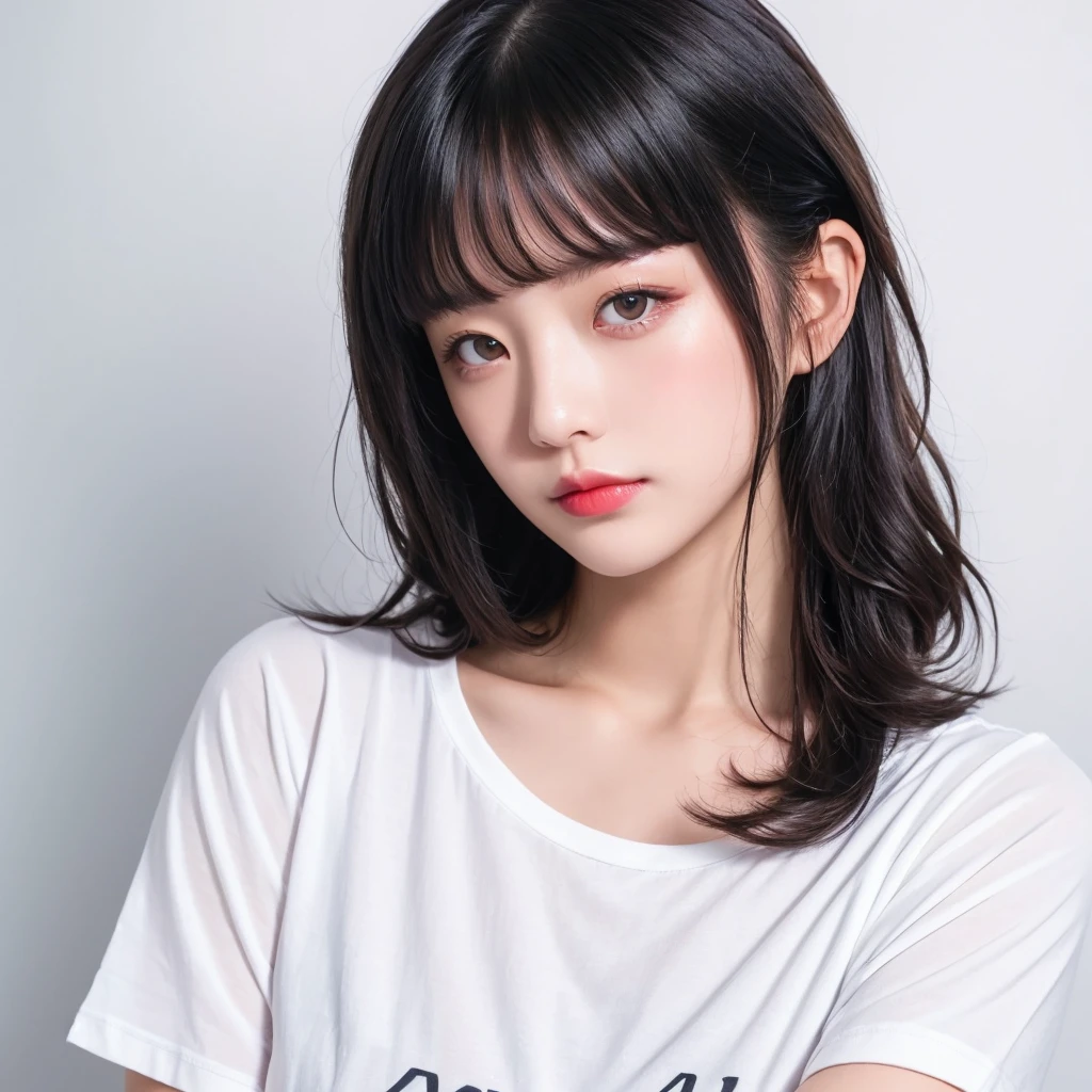 woman, body hairstyle, long style, bob length, soft curl, integrated into face line bangs, black hair, Nikon Z7 II Mirrorless Camera, 120mm F/4 wide-angle lens, best quality, masterpiece, ultra detailed, flowing, 3dmm, ink sketch, color ink, ink rendering, octane render, pastels, clear face, full hairstyle, white background, only show face and neck, white t-shirt, face centered, ID photo style