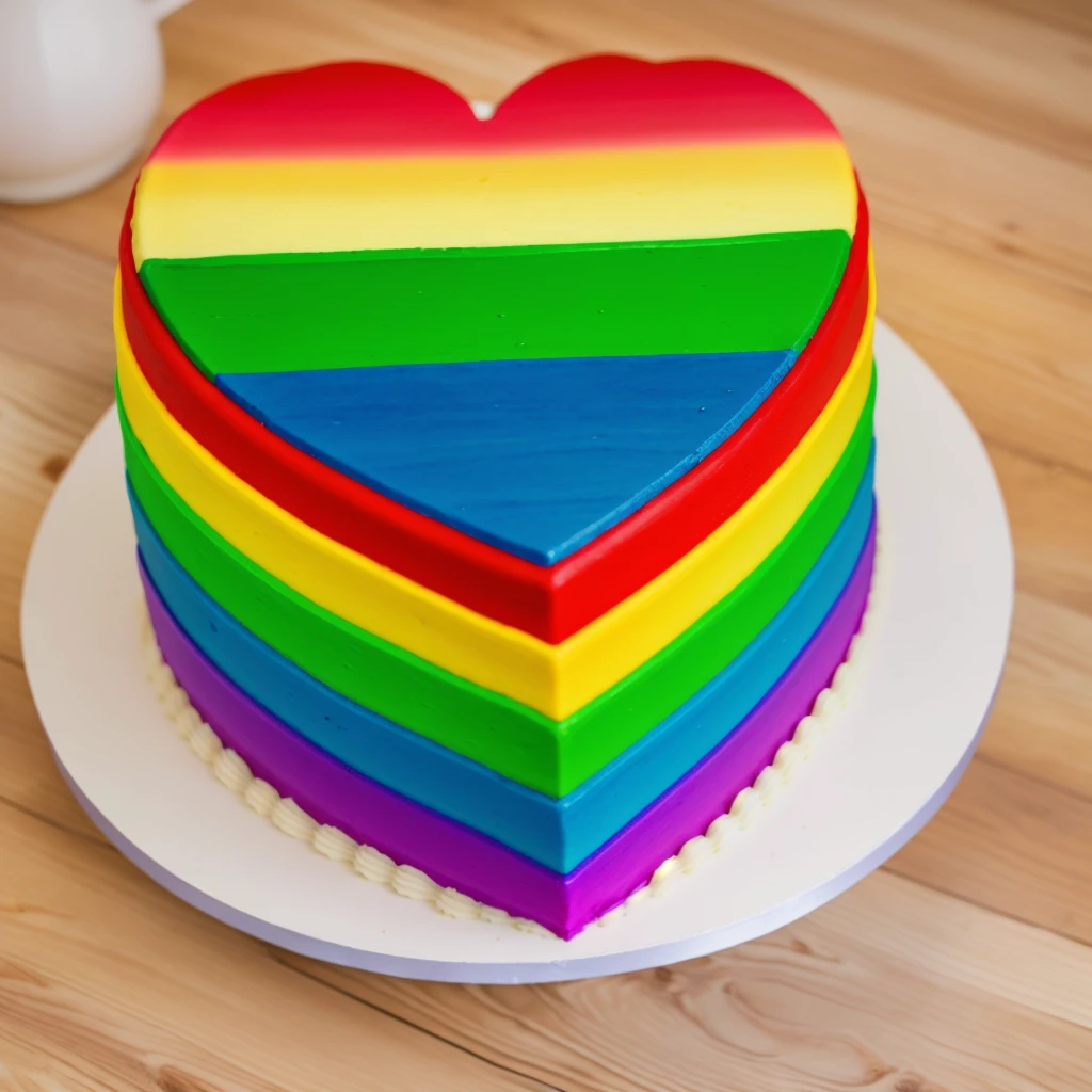 on a wooden table, worth a heart shaped cake, rainbow gradient cream cake, Cream cake , cream texture, Realistic style, realistic texture, bright lighting, high quality, detailed texture, Beautiful light from the window, beautiful lighting, high detail, macro photography, ultra 4k hd