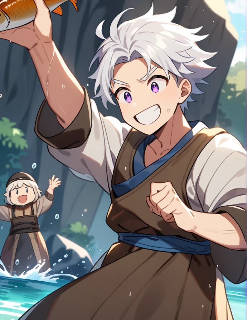 Greek boy with white hair, violet eyes, wearing wet peasant clothes, with a big smile, excitedly showing the fish he caught