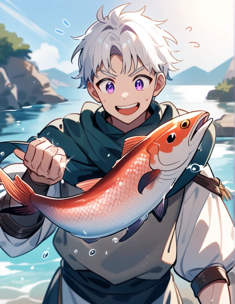 Greek boy with white hair, violet eyes, wearing wet peasant clothes, with a big smile, excitedly showing the fish he caught