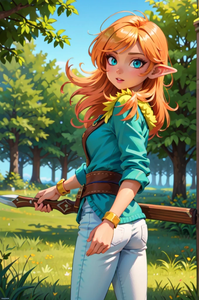 (masterpiece, top quality, best quality, official art, beautiful and aesthetic:1.2), (volumetric lighting), 1girl, solo, elf, warrior with melee weapon, standing, from behind, cowboy shot, looking back, nice hands, perfect hands, autumn forest, fantasy, sunny day, outdoors, nature, falling leaves ,  BREAK (masterpiece:1.2), best quality, high resolution, unity 8k wallpaper, (illustration:0.8), extremely detailed face, perfect lighting, extremely detailed CG, (perfect hands, perfect anatomy), (masterpiece, best_quality, ultra-detailed, immaculate:1.3), epic, illustration, render, 