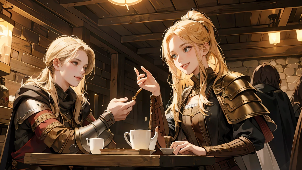 A highly detailed and realistic scene of a female adventurer from a medieval fantasy setting, shown from the waist up, sitting in a lively and atmospheric tavern with her companions. She is wearing intricately designed leather armor with a dark cloak. Her long hair is tied back in a ponytail. She has a warm, friendly smile and is laughing with her companions. The table in front of them is filled with rustic tankards made of wood or metal, similar to those used by pirates, and other medieval drinking vessels. The tavern is dimly lit with candles and lanterns, creating a cozy and inviting atmosphere. Her attire shows signs of wear and tear, indicating her experience and many adventures. The lighting is natural, with soft shadows to highlight the details of her armor, facial features, and the lively scene around her.