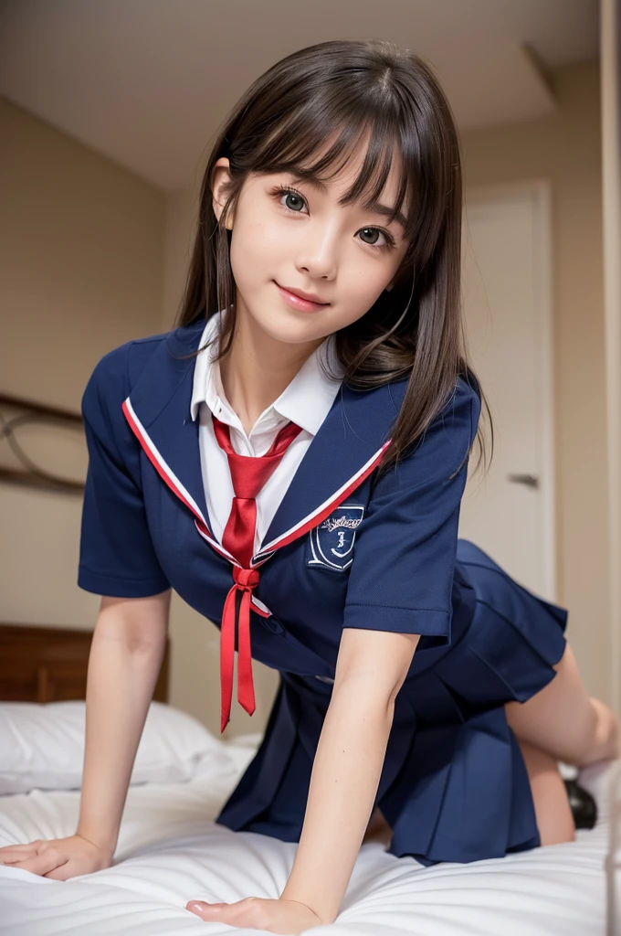 ((highest quaLity, 8K, masterpece :1.4,アニメ)), highest reaL,Sharpness:1.3, Perfect Body Beauty:1.4,super detaiLed face and skin texture,((super reaL,best quaLity)),(soft Lighting),super detaiLed face, fine eyes, doubLe eyeLid,(ass pov),(((onLy 1 gir)))L,((make eye contact with the audience)),((Composition from the front:1.5)),fine detaiL,highLy detaiLed face and eyes, (cute face:1.6), ((NSFW:1.5)), my sister,18years oLd,(SMALL BODY:1.4,huge breasts :1.8,beautifuL areoLa,smaLL areoLa)---//background//---(Inside the room, on the bed, bright room, Large windows, sunLight shines in,MarbLe fLoor)---//Hairstyle//---(BeautifuL BROWN hair:1.2,TWIN TAILE HAIR)----//expression//---(SMILE FACE:1.4),--//Pause//---(crawL on aLL fours on the bed:1.6,on aLL fours on the bed:1.6)),),((cLose up face:1.4.UPPER BODY:1.5))---//clothing//----((schooL uniform:1.4,saiLor suit:1.4,BLUE SKIRT:1.2,WHITE SHIRTS:1.2,RED ribbon tie:1.2)),
