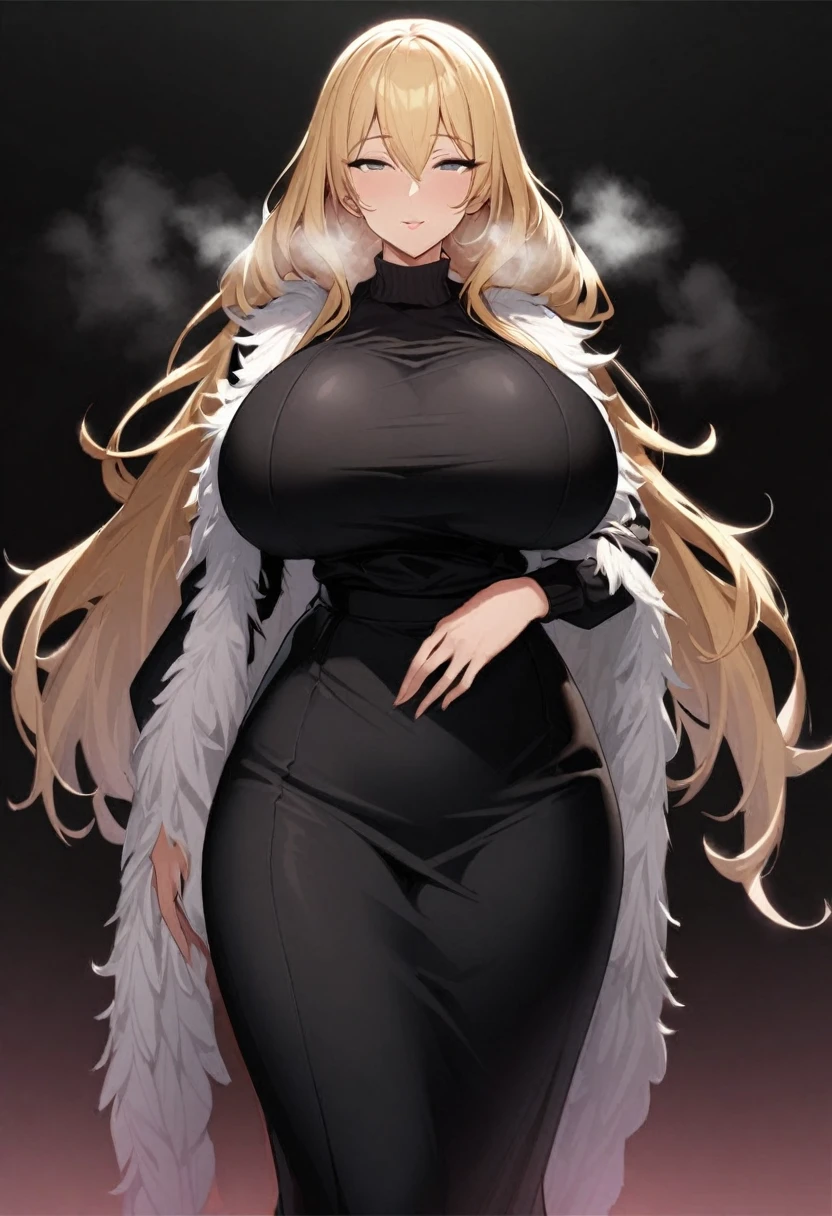 1girl,solo,Mature Women,Females in heat,blonde hair color,long hair,Her hair is tucked back,grey eyes,slanted eyes,super huge breasts,slender,black knit long sleeves,Steam comes out of the body,breath,feather shawl,amorous glance,looking at viewer,near,standing up,white background