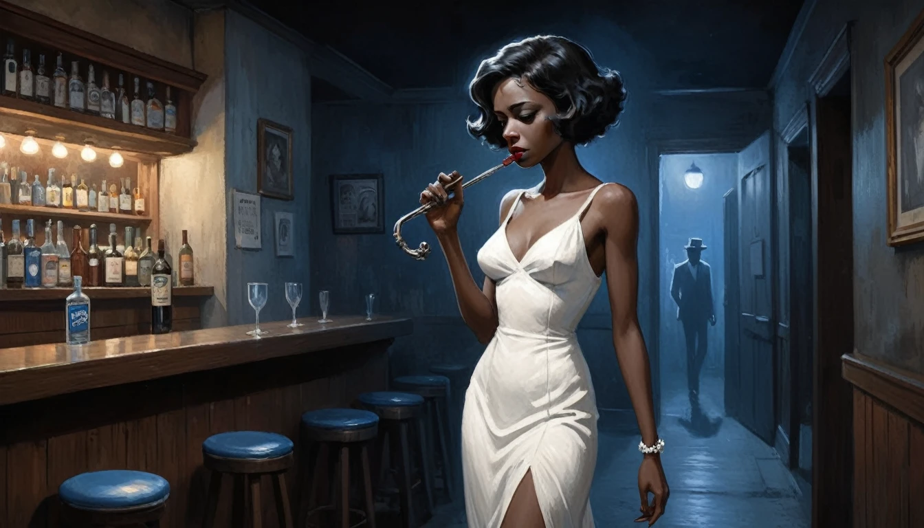 robert johnson, gritty, alabama bar, blue note, charismatic , white dress, illustration, noir fantasy, lone asian lady, sad ending, saxophonist