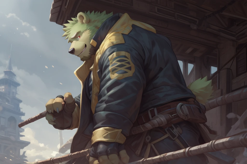 solo, 1boy, male, anthro, muscular, masterpiece, 4k, hi res, aged up, detailed background, detailed eyes,
leaning at cable railings, (side view:1.5), smiling, looking at side, (upper body:1.2), tourist spot, highland, sea view, standing next to the viewer, (point-of-view shot:1.2), dating, closed up shot,
clothing, topwear, fingerless gloves, footwear, (white shirt:1.1), gloves, bottomwear, black nose, claws, by null-ghost, by canyne khai, anthro, kemono, male, solo,(((dark beard))), ((endomorph body type, old-aged)), ((green bear, bear) fluffy fur, fluffy), (high quality, highres, masterpiece), (dynamic lighting, vivid color), (generous smile), (face focus), front view (close up), cartoon, (((green bear))), (((green fur))), green hair, beard, white eyebrows, bald, detailed red eyes, tall, mage staff, magic, (black t-shirt inside), (((white unhooded trench coat ))), by zixiong, by takemoto arashi, by zixiong, (by null-ghost:0.8), (by t.y.stars:0.4), (((yellow bolt forehead)))