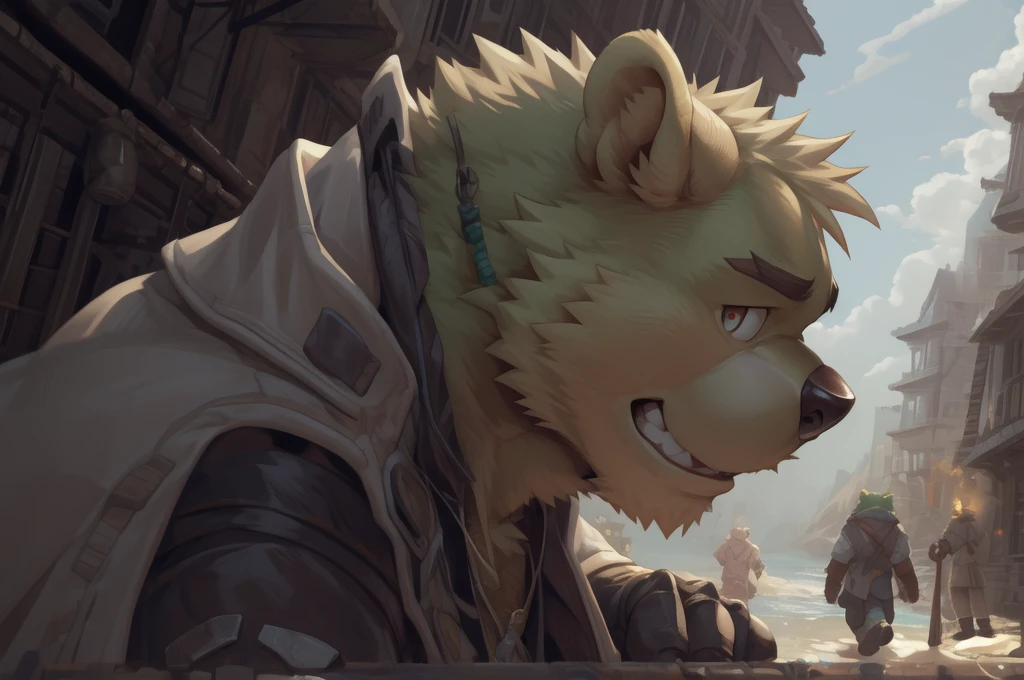 solo, 1boy, male, anthro, muscular, masterpiece, 4k, hi res, aged up, detailed background, detailed eyes,
leaning at cable railings, (side view:1.5), smiling, looking at side, (upper body:1.2), tourist spot, highland, sea view, standing next to the viewer, (point-of-view shot:1.2), dating, closed up shot,
clothing, topwear, fingerless gloves, footwear, (white shirt:1.1), gloves, bottomwear, black nose, claws, by null-ghost, by canyne khai, anthro, kemono, male, solo,(((dark beard))), ((endomorph body type, old-aged)), ((green bear, bear) fluffy fur, fluffy), (high quality, highres, masterpiece), (dynamic lighting, vivid color), (generous smile), (face focus), front view (close up), cartoon, (((green bear))), (((green fur))), green hair, beard, white eyebrows, bald, detailed red eyes, tall, mage staff, magic, (black t-shirt inside), (((white unhooded trench coat ))), by zixiong, by takemoto arashi, by zixiong, (by null-ghost:0.8), (by t.y.stars:0.4), (((yellow bolt forehead)))