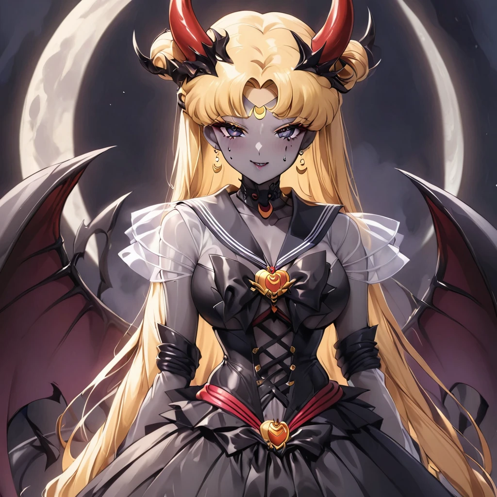 ((Highest quality)), ((masterpiece)), (detailed), （Perfect Face）、The woman is the dark queen of the black moon of the Black Moon clan, a lustful and evil demon warrior, the demon queen, Devil Queen Sailor Moon, and the woman is a sexy female demon with jet black skin, Devil Queen Sailor Moon.、The woman is a jet-black female demon with magnificent devil horns, jet-black devil wings, and a jet-black tail. Her skin is jet-black, and she has a black inverted crescent moon mark on her forehead. Her gorgeous black skin is visible through her black see-through Lolita Gothic Victorian wedding dress, black wedding veil, and black see-through cape. She is a jet-black demon, Devil Queen Sailor Moon, and has blonde hair.２The expression of a girl in love with her long hair tied up、Woman is Devil Queen Sailor Moon、