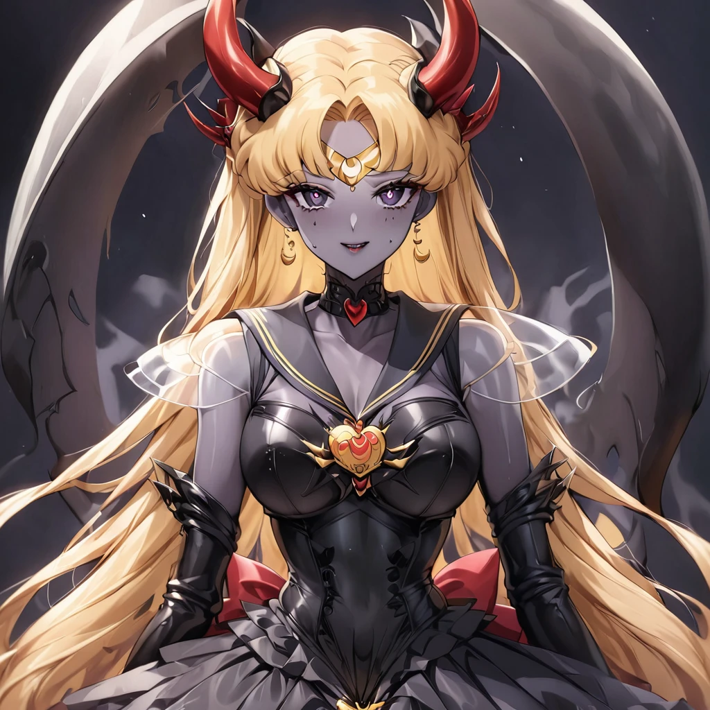 ((Highest quality)), ((masterpiece)), (detailed), (Perfect Face)、The woman is the dark queen of the black moon of the Black Moon clan, a lustful and evil demon warrior, the demon queen, Devil Queen Sailor Moon, and the woman is a sexy female demon with jet black skin, Devil Queen Sailor Moon.、The woman is a jet-black female demon with magnificent devil horns, jet-black devil wings, and a jet-black tail. Her skin is jet-black, and she has a black inverted crescent moon mark on her forehead. Her gorgeous black skin is visible through her black see-through Lolita Gothic Victorian wedding dress, black wedding veil, and black see-through cape. She is a jet-black demon, Devil Queen Sailor Moon, and has blonde hair.2The expression of a girl in love with her long hair tied up、Woman is Devil Queen Sailor Moon、