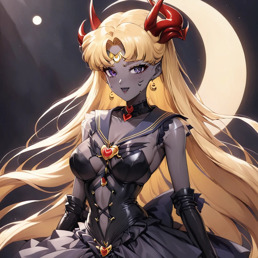 ((Highest quality)), ((masterpiece)), (detailed), （Perfect Face）、The woman is the dark queen of the black moon of the Black Moon clan, a lustful and evil demon warrior, the demon queen, Devil Queen Sailor Moon, and the woman is a sexy female demon with jet black skin, Devil Queen Sailor Moon.、The woman is a jet-black female demon with magnificent devil horns, jet-black devil wings, and a jet-black tail. Her skin is jet-black, and she has a black inverted crescent moon mark on her forehead. Her gorgeous black skin is visible through her black see-through Lolita Gothic Victorian wedding dress, black wedding veil, and black see-through cape. She is a jet-black demon, Devil Queen Sailor Moon, and has blonde hair.２The expression of a girl in love with her long hair tied up、Woman is Devil Queen Sailor Moon、