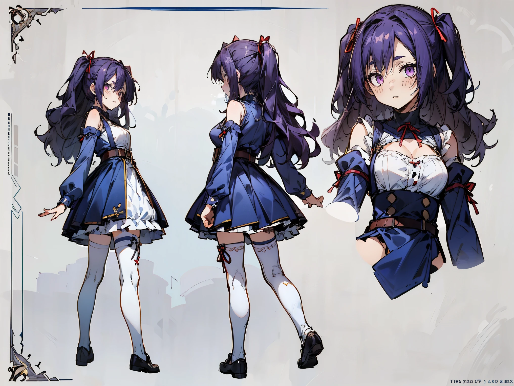 (((three-sided view, front view, side view, back view, multiple views, multiple poses and expressions, many parts)), concept art, character concept art, character sheet, Full body, illustration, (simple background, gray background), 1 character, 1girl, fantasy art:1.1), (reo mikage:0.7), blue lock, girls with((black hair, bangs, (one side up, long wavy hair, ribbon:1.55), perfect hands, perfect fingers, (exposed breasts, tits cleavage, breasts close up:1.2), dress((suspenders, dress, belt, nun:1.15), (blue clothes, frills shirt, no sleeves, sleeveless, frills panniers, long sleeves, white legwear, thighhighs, single thighhighs, single legwear, black footwear, strap shoes:1.42))