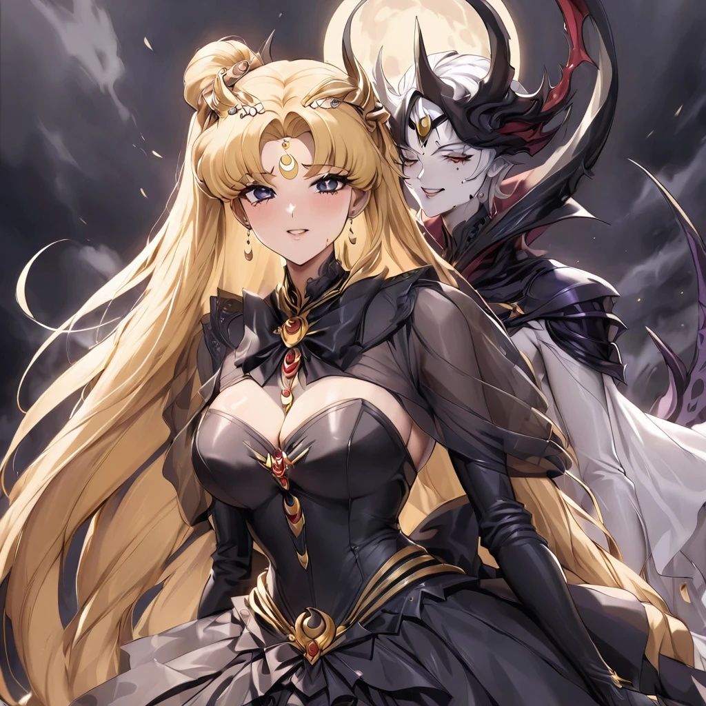 ((Highest quality)), ((masterpiece)), (detailed), (Perfect Face)、The woman is a dark queen with a black inverted crescent moon mark on her forehead, wearing a gorgeous, glittering black Gothic Victorian dress, a black veil, and a black see-through cape, as well as luxurious jeweled accessories.、The man is Demand, the dignified, evil, and powerful silver-haired demon king.、The Demon King of the Black Moon and the Dark Queen of the Black Moon having sex and making love、The woman is Black Serenity, the noble dark queen of the Black Moon clan and has blonde hair.2The woman with long hair tied up is Princess Serenity、A woman is embracing and having sex with a strong and evil demon king man.、The man is a strong and evil demon king who is embracing the woman and having sex with her.