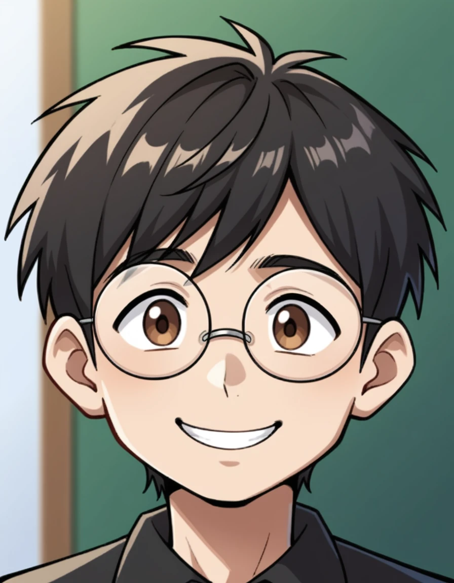 score_9, score_8, One boy, round face,Wearing glasses,, Black Hair, Brown eyes, Black polo shirt, View your viewers, smile, Upper Body, Little