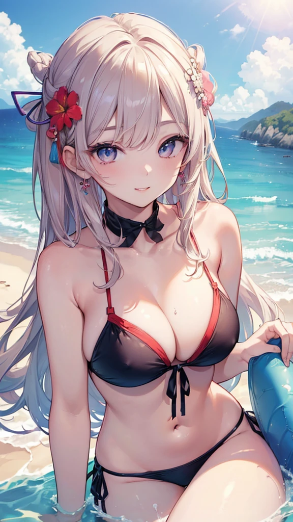 (((masterpiece))),(((High resolution)))、(((perfect face)))、(((Korean beauty)))、30 years old、(((beautiful face)))、(((tube top))), (bikini), ((top quality eyes)), detailed texture, ((high resolution face)), erotic smile, at the beach
