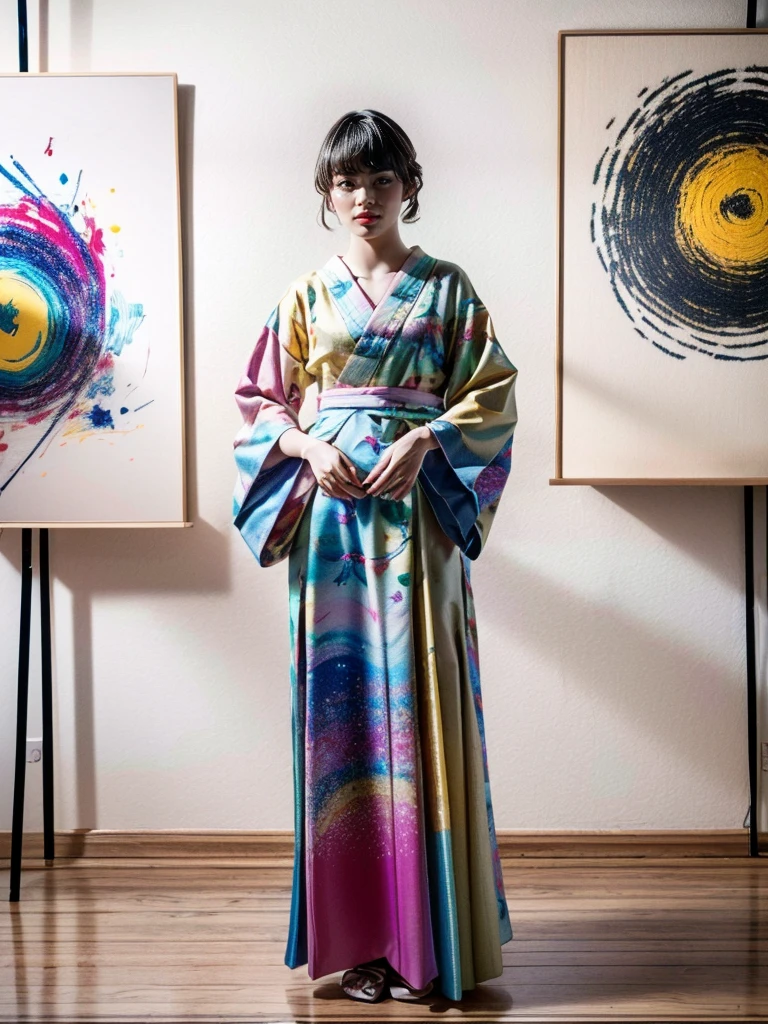 (Best quality, actual, photoactual, photo-actual, colorful, sharp focus), (full body, wide angle shot), (1 cute Japanese girl), (Nana Komatsu),Jackson Pollock action painting, kinetic expression, colorful hair, (Photograph Art Minimalism:1.1), simple background, studio.