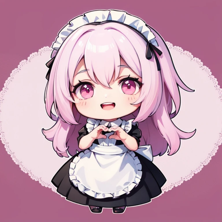 ((Highest quality)), ((masterpiece)), (detailed), Perfect Face, Perfect Arms, anime, Ultra-fine illustration, ((1 person)), ((Chibi Character)), Cute girl, ((Maid)), (Heart Hands, with own hands:1.3), smile, Open your mouth, Pink Hair, Pink Eyes, Full Body Shot,