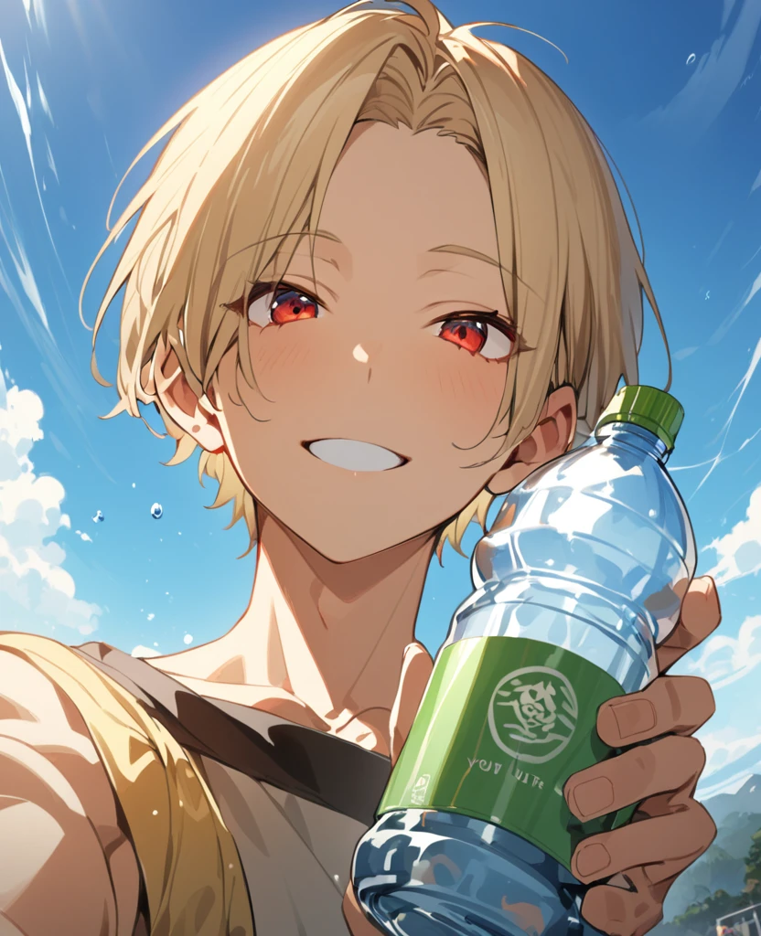 One Man、Blonde、Hairstyle、Shortcuts、Red mole near the mouth、whole body、Japanese high 、Holding a plastic bottle in your right hand、blue sky, Hair behind the ear, Parted bangs, short hair, tsurime, Red eyes, A light smile, Open your mouth, First Person View, Ultra-high resolution, Very detailed