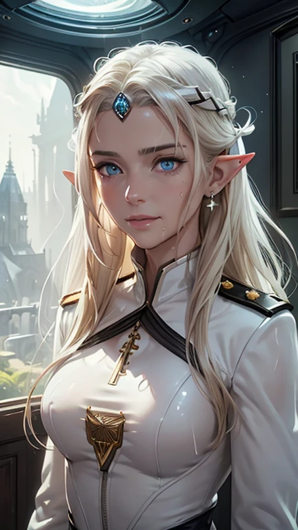 masterpiece, Highest quality, Highly detailed CG Unity 8k wallpaper,((whole body)), ((Bedroom inside the spaceship)), (Long pointed ears), Elegant long wavy platinum blonde hair, ((Average chest, Self-illuminating skin)), ((A revealing black-on-white military uniform)), (Sweaty and wet white skin), (Mechanical Circlet), (blush), , (Captivating smile), A cute, symmetrical face, Detailed eyes, Key Art, Awards, intricate detail realism hdr, Photorealism, Hyperrealism, Ultra-realistic, Dramatic Light, Strong Shadows, Nice views, Depth of written boundary