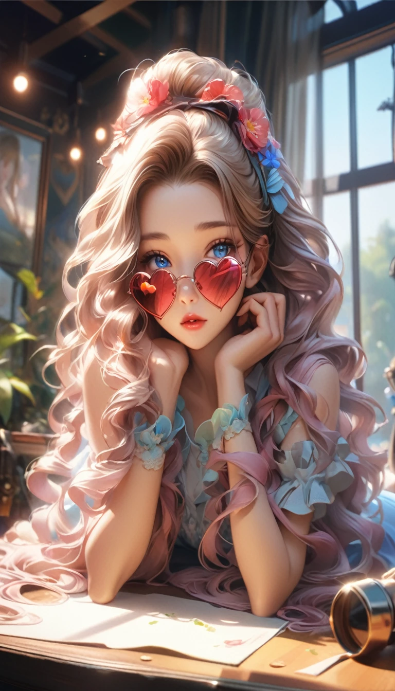 a blue eyes、Blonde girl wearing heart-shaped sunglasses looking out the window, Lovely and detailed digital art, Detailed digital anime art, 16K Highly Detailed Digital Art, Cute numbers, Gervize-style artwork, Beautiful digital art, return. Anime Illustrations, return on artstation pixiv, return portrait, 16K Fine Digital Art